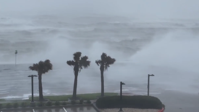 Winds and waves from Hurricane Beryl near Galveston, Texas on July 8, 2024.