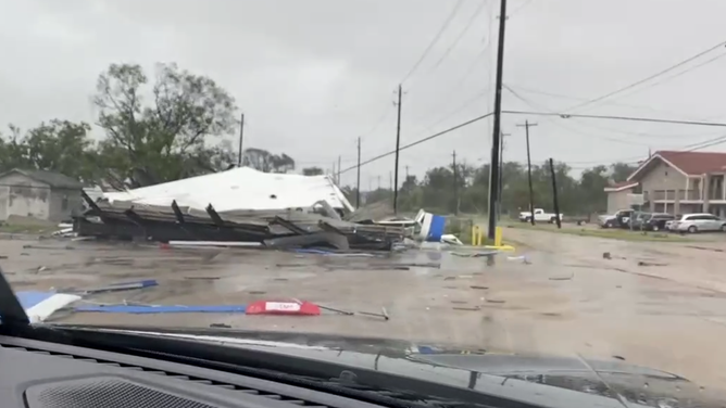 Hurricane Beryl wind damage to a gas station outside of Surfside Beach, Texas on July 8, 2024.