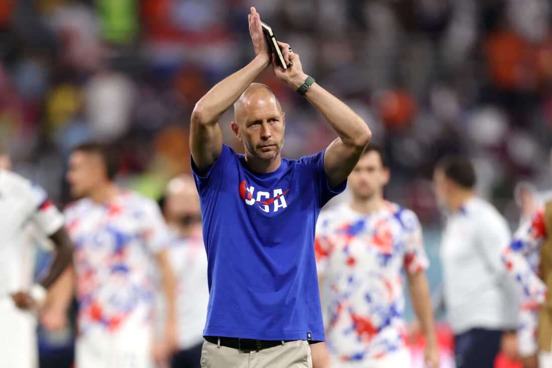 DOHA, QATAR - DECEMBER 03: Gregg Berhalter, Head Coach of United States, applauds the fans after the team's defeat during the FIFA World Cup Qatar 2022 Round of 16 match between Netherlands and USA at Khalifa International Stadium on December 03, 2022 in Doha, Qatar. (Photo by Clive Brunskill/Getty Images)