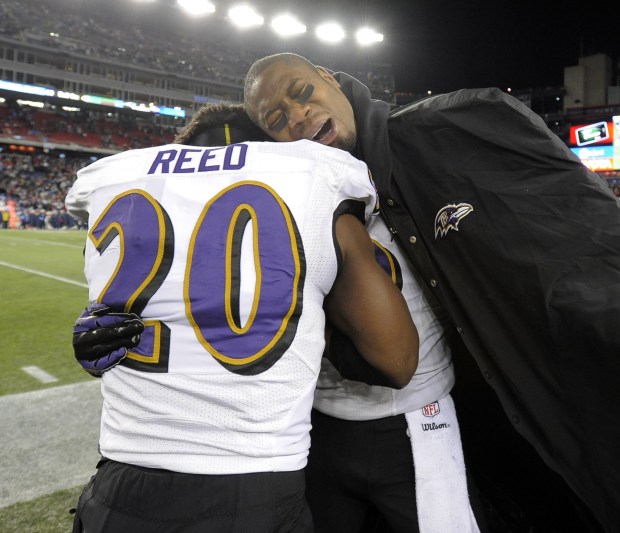 Ed Reed and Jacoby Jones celebrate the Ravens' win over...