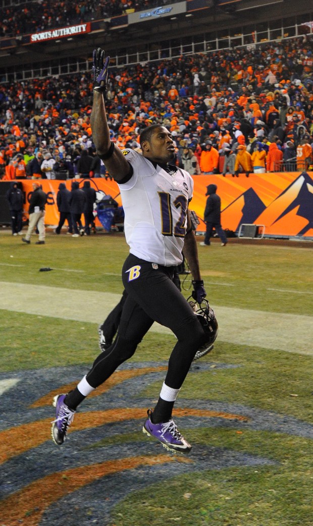 Denver-CO-1/12/13-sp-p16-ravens-broncos-sweeney---Ravens' Jacoby Jones runs off the field after the game...