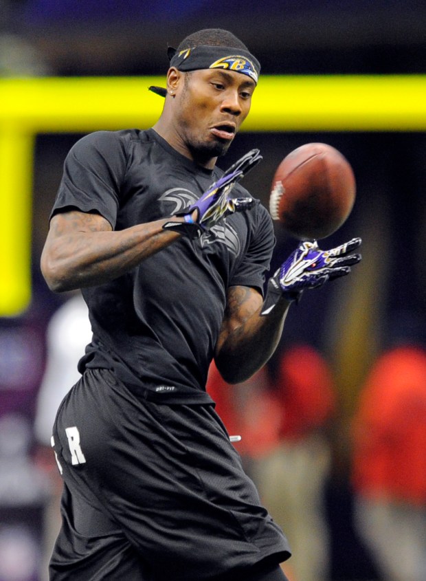 New Orleans, LA-- 2/3/13--sp-4313-super-bowl-fox, --Ravens' Jacoby Jones during pregame warm...