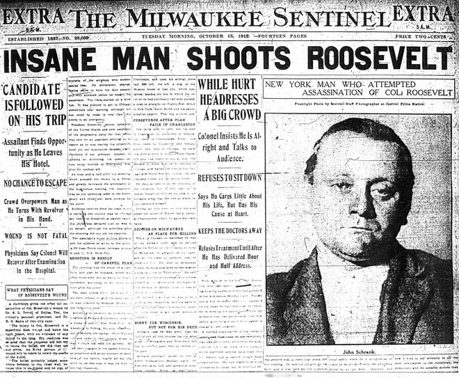 Milwaukee Sentinel headline on Oct. 15, 1912 with news on the attempted murder of former president Teddy Roosevelt in Milwaukee.