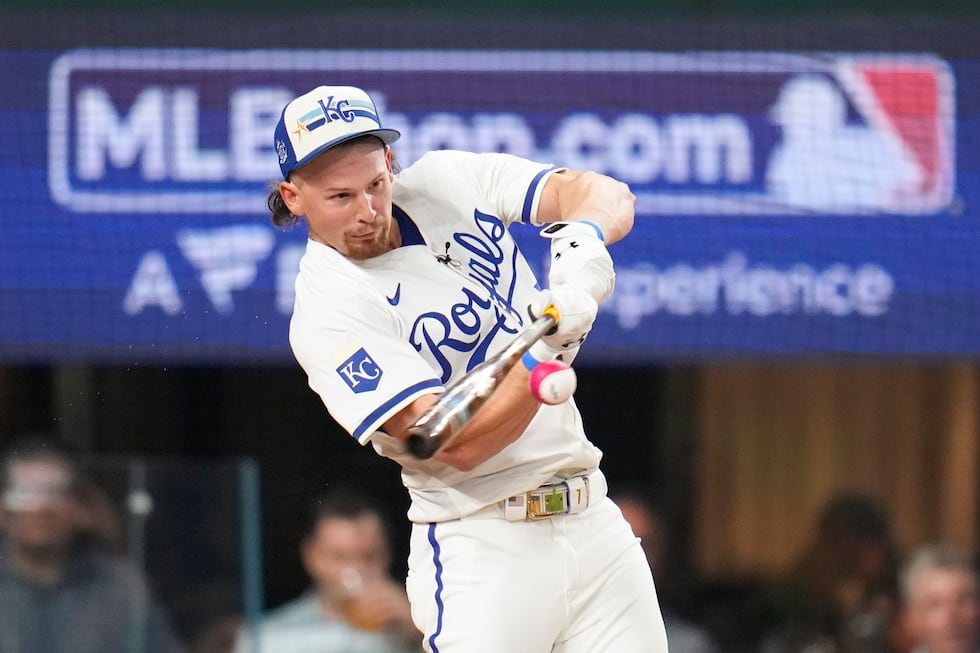 American League's Bobby Witt Jr., of the Kansas City Royals, connects during the MLB baseball...