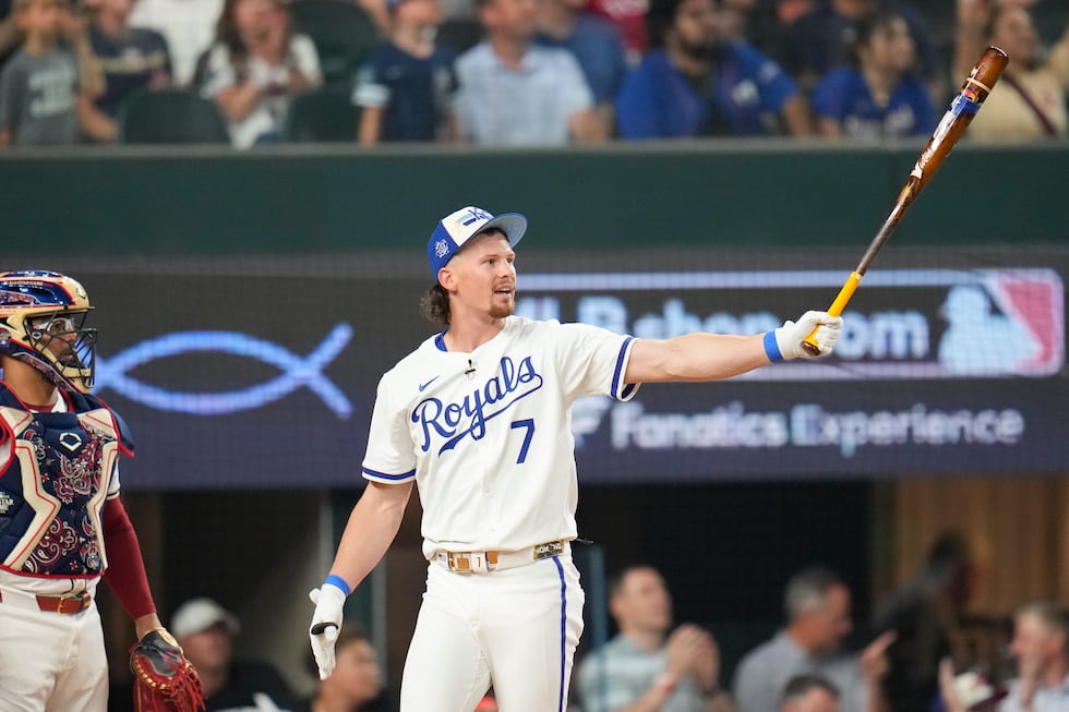 American League's Bobby Witt Jr., of the Kansas City Royals, follows through during the MLB...