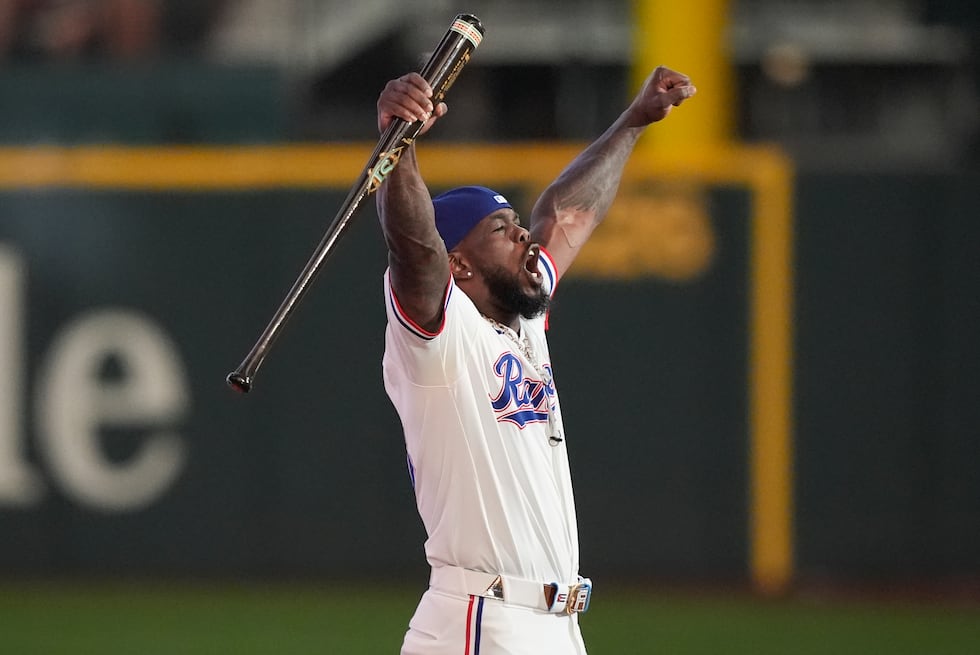 Adolis Garcia, of the Texas Rangers, is introduced before the MLB baseball All-Star Home Run...