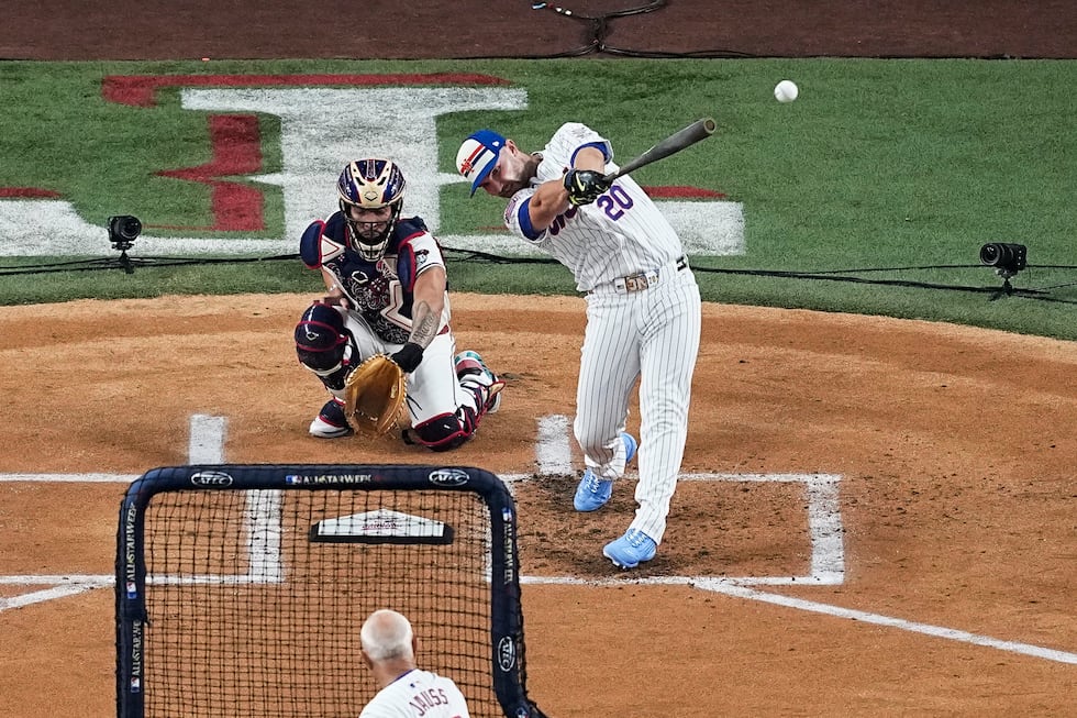 Pete Alonso, of the New York Mets, hits a home run during the first round of the MLB baseball...