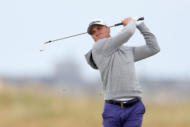 Justin Thomas plays his second shot on the second hole in the first round of The 152nd Open championship at Royal Troon.