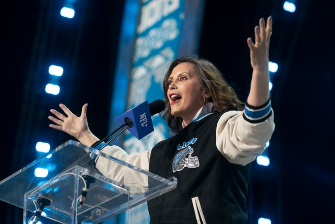 Michigan Governor Gretchen Whitmer announces Giovanni Manu, a tackle from British Columbia, after the Lions traded up for the 126th pick on Saturday, April 27, 2024 for the third day of the NFL Draft in Detroit.