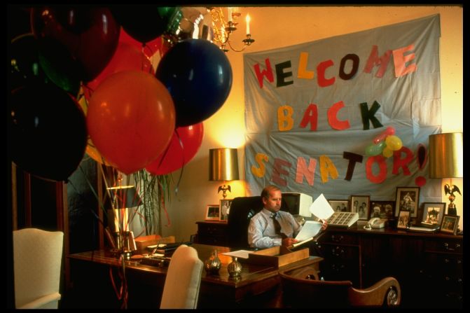 In February 1988, Biden had surgery to repair an aneurysm in an artery that supplies blood to the brain. Here, he sits in his office after returning to work.