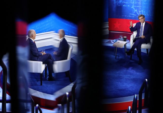 Biden sits across from ABC News' George Stephanopoulos before the start of his town-hall event in Philadelphia in October 2020. Biden and Trump held separate town halls instead of debating each other in a town-hall format. The schedule change came about after Trump was diagnosed with the coronavirus. The Commission on Presidential Debates proposed a virtual debate, but Trump refused to take part and Biden went ahead with plans for his own town hall. Trump's campaign later arranged its own town hall — on a different network, during the same hour.