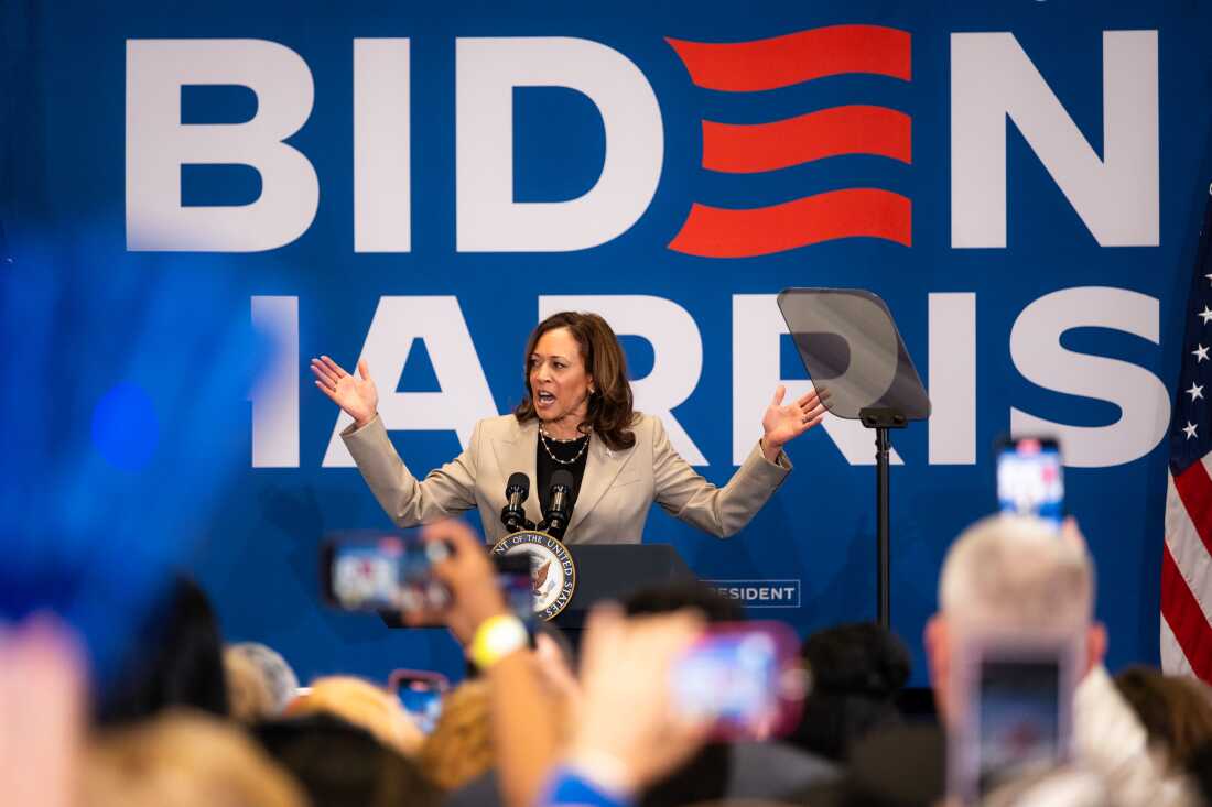 A wide shot of Vice President Kamala Harris at a campaign rally at a high school on July 18. She has both of her arm raised and outstretched as she addressed a crowd in front of a large 