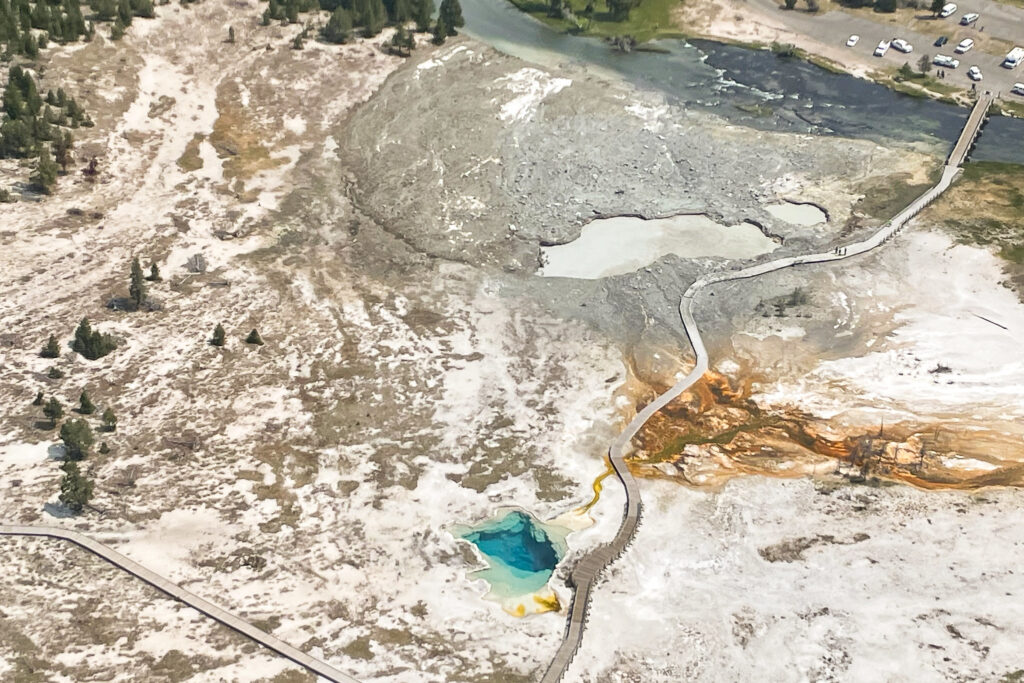 Aerial view of Biscuit Basin after hydrothermal explosion. (Photo courtesy NPS / Joe Bueter)