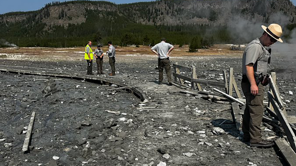 Yellowstone National Park officials investigate after a hydrothermal explosion in Biscuit Bay on July 23, 2024. (Photo courtesy Yellowstone National Park)