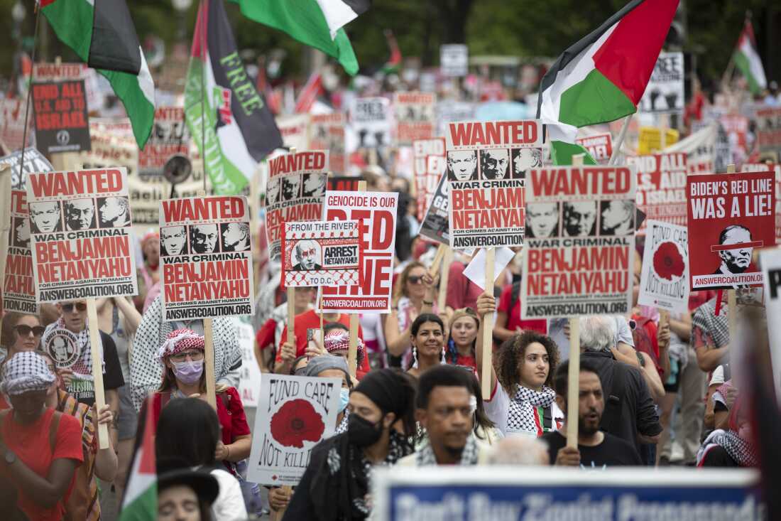 Pro-Palestinian supporters, holding banners, gather outside of the U.S. Capitol to protest Israeli Prime Minister Benjamin Netanyahu's speech to the United States Congress in Washington, DC on July 24, 2024.