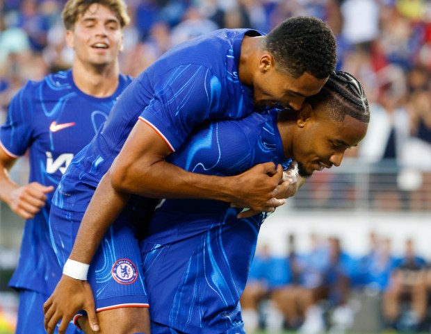 Chelsea FC's Christopher Nkunku (18), right, celebrates his goal with Chelsea FC's Levi Colwill (6) against Wrexham AFC in the first half at Levi's Stadium in Santa Clara, Calif., on Wednesday, July 24, 2024. (Nhat V. Meyer/Bay Area News Group)