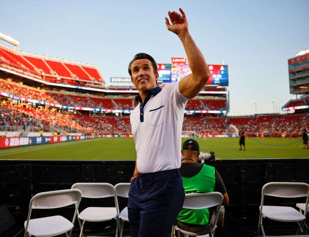 Wrexham AFC co-owner Rob McElhenney waves to fans while on the field during the first half against Chelsea FC in the at Levi's Stadium in Santa Clara, Calif., on Wednesday, July 24, 2024. (Nhat V. Meyer/Bay Area News Group)