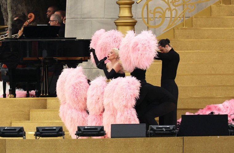 Lady Gaga performing during the 2024 Paris Olympics opening 
ceremony.