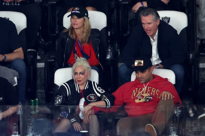 Top left to right, Jennifer Siebel Newsom and California Governor Gavin Newsom, and bottom left to right, Lady Gaga with boyfriend Michael Polansky during Super Bowl LVIII between the San Francisco 49ers nad Kansas City Chiefs at Allegiant Stadium on Feb. 11, 2024, in Las Vegas, Nevada.