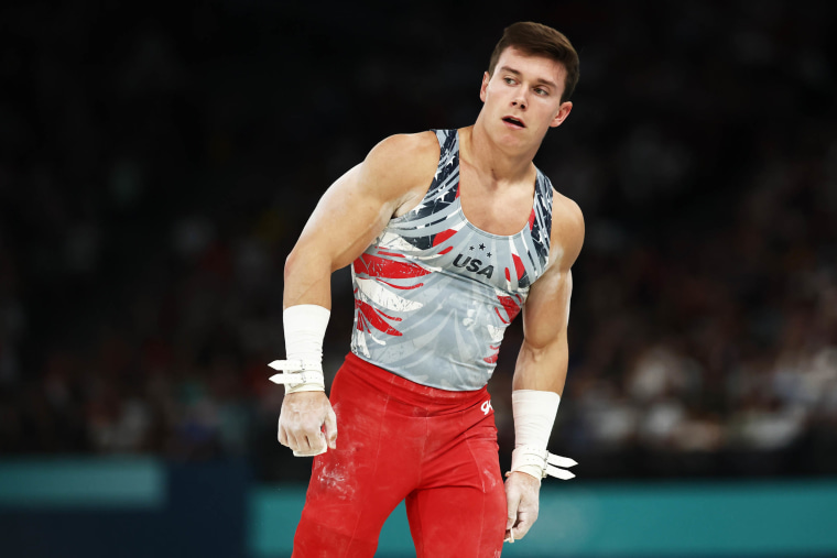 Brody Malone of Team United States reacts after his routine on the high bar during the Artistic Gymnastics Men's Team Final on day three of the Olympic Games Paris 2024