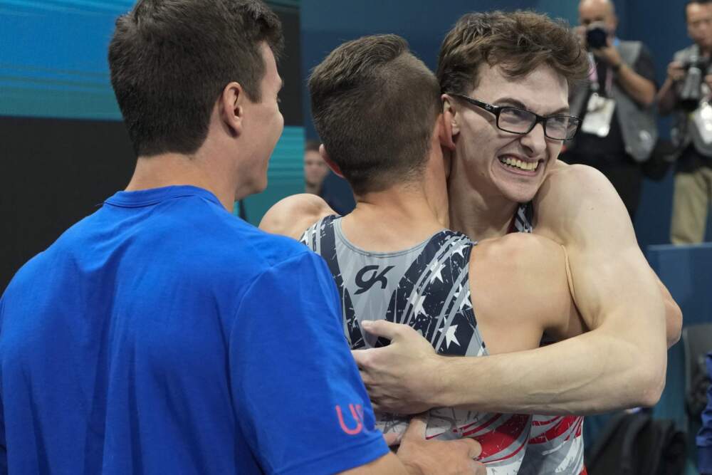 Stephen Nedoroscik, of United States, celebrates after finishing his pommel routine during the men's artistic gymnastics team finals. (Abbie Parr/AP)