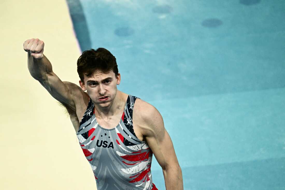 Nedoroscik celebrates after competing in the pommel horse event, the last even of the men's team final on Monday.