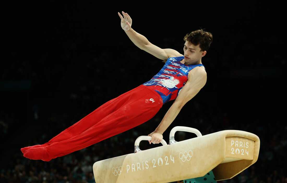 Nedoroscik competes on the pommel horse in his Team USA uniform.