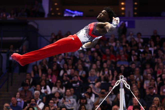 Jun 29, 2024; Minneapolis, Minnesota, USA; Frederick Richard competes on the high bar during the U.S. Olympic Team Gymnastics Trials at Target Center. Mandatory Credit: Matt Krohn-USA TODAY Sports ORG XMIT: IMAGN-873062 ORIG FILE ID: 20240629_mdk_hw1_088.JPG