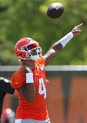 Browns quarterback Deshaun Watson participates during minicamp, Wednesday, June 12, 2024, in Berea.