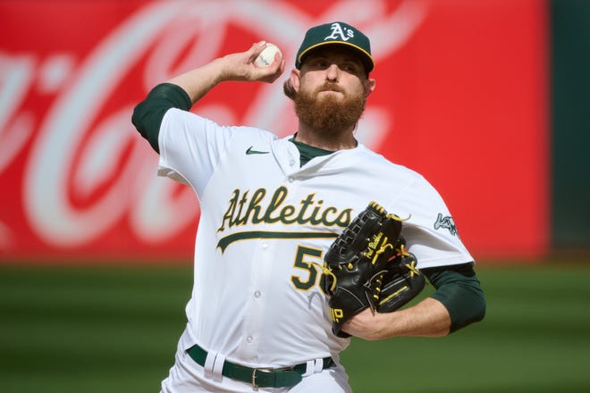 Oakland Athletics pitcher Paul Blackburn (58). Mandatory Credit: Robert Edwards-USA TODAY Sports