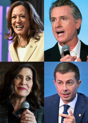 A composite photo of Kamala Harris, Gavin Newsom, Gretchen Whitmer, and Pete Buttigieg.