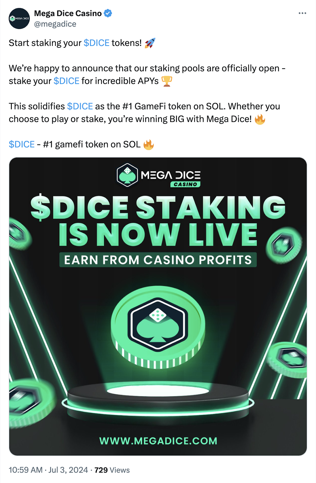 $DICE Launches Staking As ICO Tops $1.5M, Posing Strong Competition To Rollbit