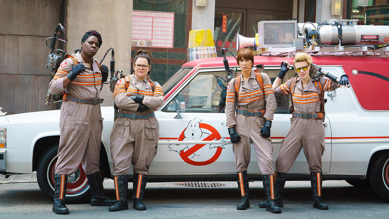 GHOSTBUSTERS, from left Leslie Jones, Melissa McCarthy, Kristen Wiig, Kate McKinnon; background The Ecto-1, 2016.