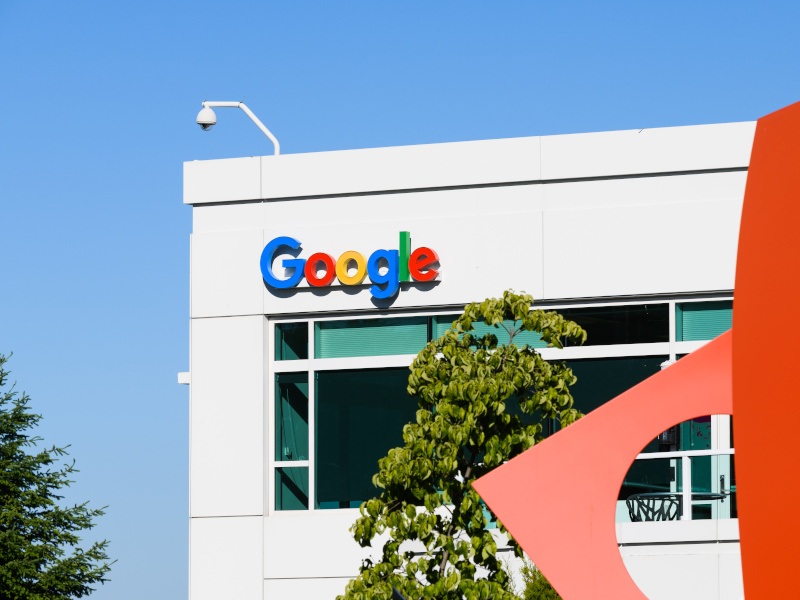 The Google logo on the side of a white building, with a tree in front and a blue sky behind it.