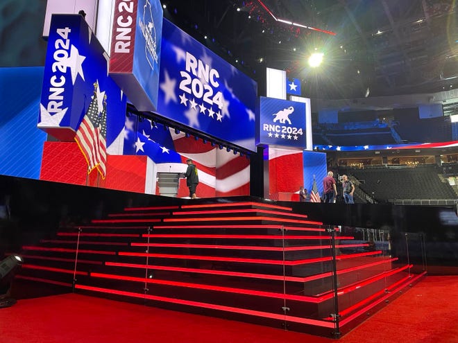 The stage is set for the 2024 Republican National Convention at Fiserv Forum in Milwaukee on Sunday, July 14, 2024.