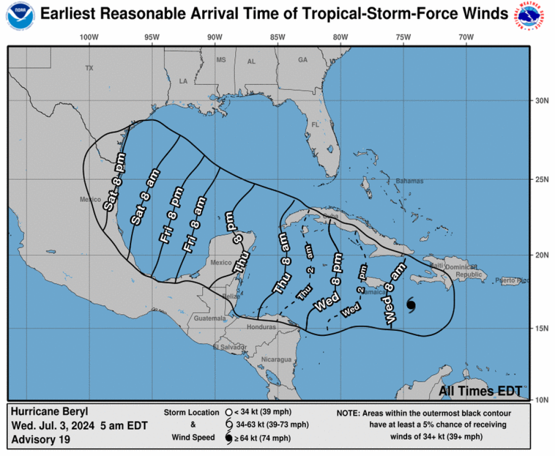 A graphic from the National Hurricane Center shows the expected arrival time of strong winds from Hurricane Beryl, approaching the eastern parts of Mexico and Texas by the weekend.