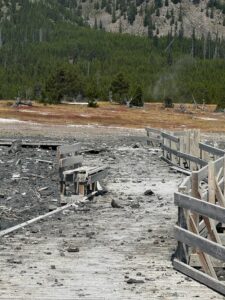 Damage along a boardwalk near the Black Diamond Pool in Yellowstone National Park following a hydrothermal explosion on July 23, 2024. (Photo courtesy Yellowstone National Park)