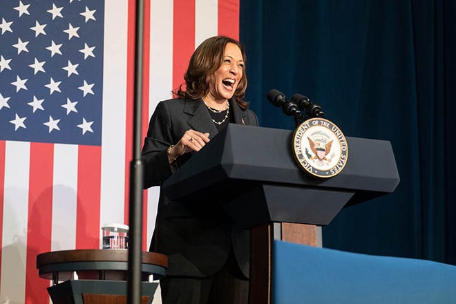 Vice President Kamala Harris speaks before a moderated discussion regarding reproductive health with former Trump administration official Olivia Troye and reproductive rights advocate Amanda Stratton at Air Zoo in Kalamazoo on Wednesday, July 17, 2024.