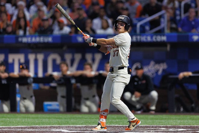 Oregon State Beavers infielder Travis Bazzana (37) hits a foul ball during the first inning against the Kentucky Wildcats at Kentucky Proud Park June 9, 2024, in Lexington, Kentucky.