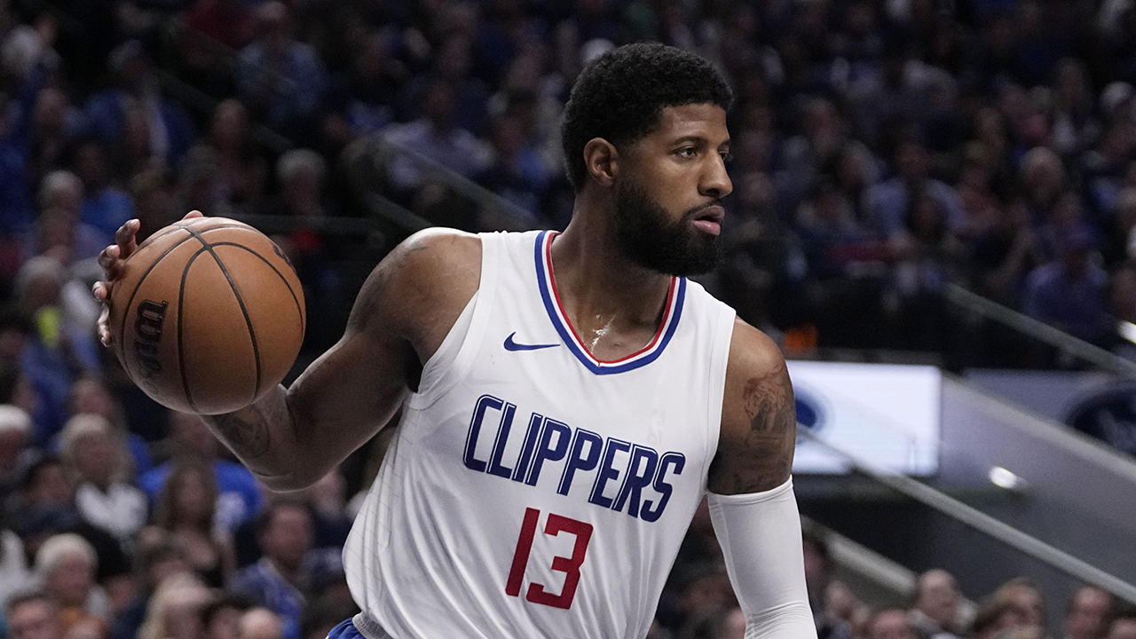 Los Angeles Clippers' Paul George works against the Dallas Mavericks in Game 2 of an NBA basketball first-round playoff series in Dallas, Friday, April 26, 2024.