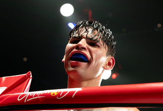 NEW YORK, NEW YORK - APRIL 20: Ryan Garcia reacts after their WBC Super Lightweight title bout against Devin Haney at Barclays Center on April 20, 2024 in New York City. (Photo by Al Bello/Getty Images)