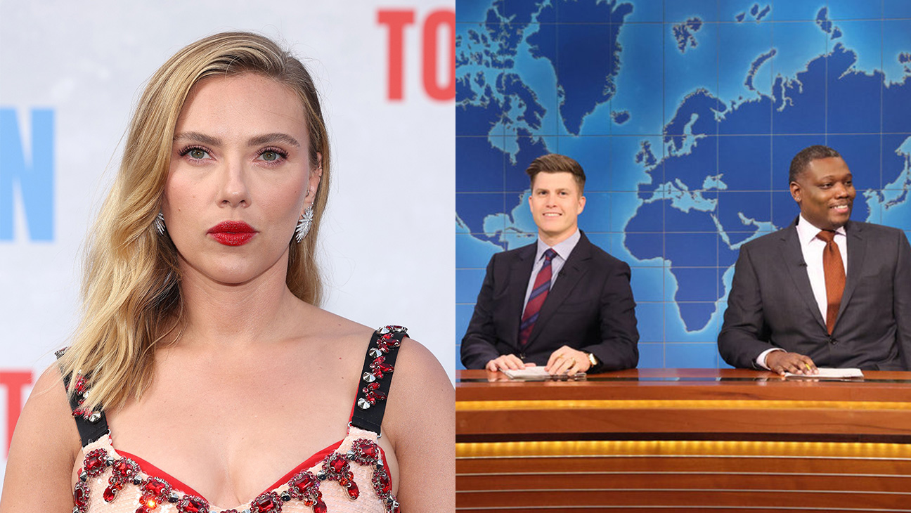 Scarlett Johansson; Colin Jost and Michael Che on 'SNL.'