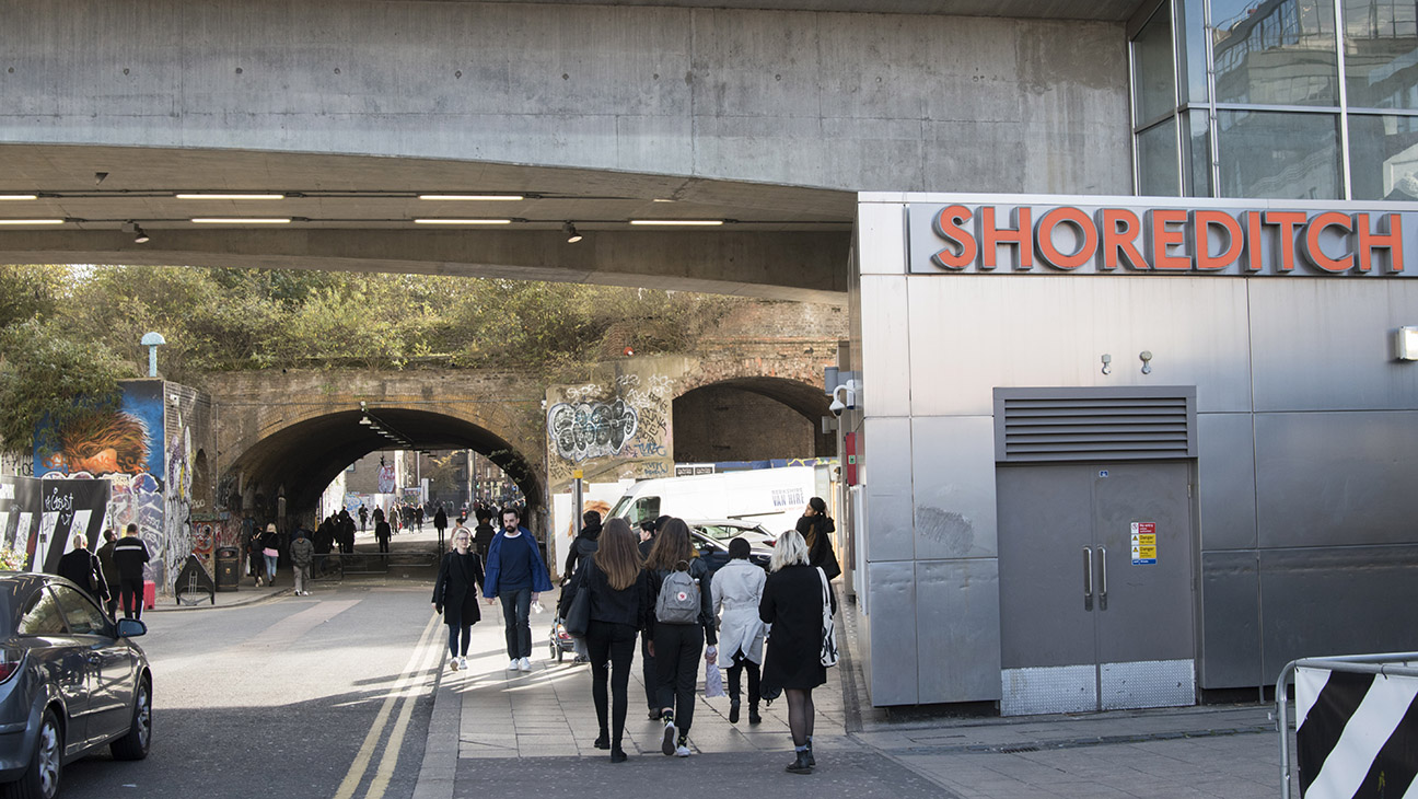 Street view of the crowded Shoreditch entertainment district, Hackney, London, England, October 29, 2017.