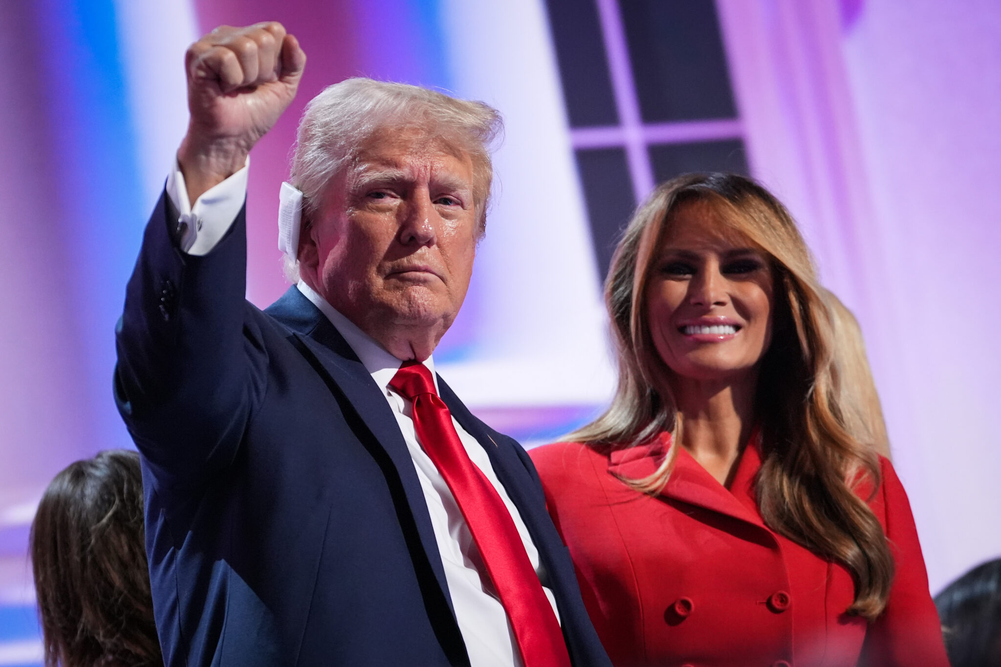 Former first lady Melania Trump joins former President Donald Trump on stage after he officially accepted the nomination on July 18, 2024, the fourth day of the Republican National Convention at the Fiserv Forum in Milwaukee.