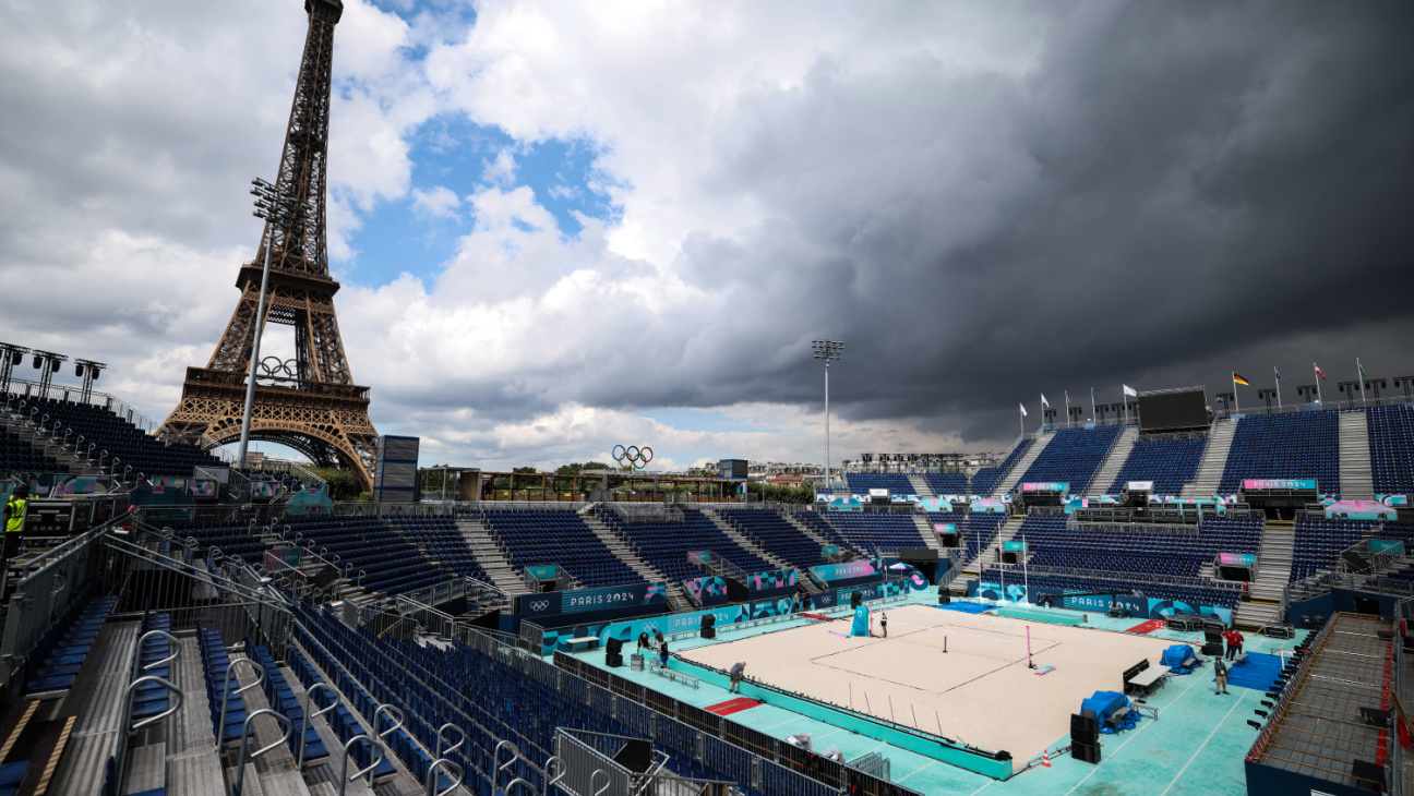 The Eiffel Tower Stadium, the venue of beach volleyball events, ahead of the Paris 2024 Olympic Games on July 21, 2024