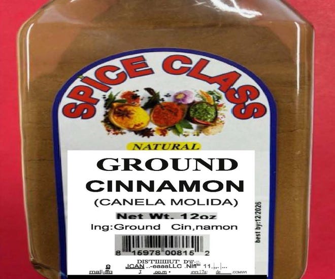 The recalled product is SPICE CLASS BRAND Ground Cinnamon packed in 7oz and 11oz packing PET jars with expiration date: 12/2026.