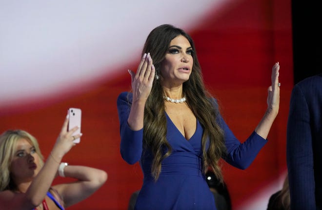 Kimberly Guilfoyle is seen on stage before the start of the second day of the Republican National Convention at the Fiserv Forum. The second day of the RNC focused on crime and border policies.