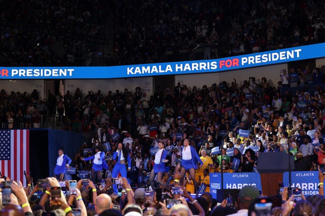 Tuesday, July 30, 2024; Atlanta, Ga; Grammy winner Megan Thee Stallion performs during a presidential campaign rally for Vice President Kamala Harris on Tuesday, July 30, 2024 at the Georgia State Convocation Center in Atlanta, Ga.