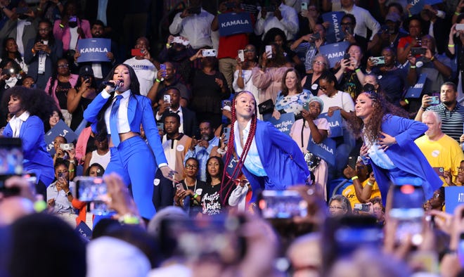 Tuesday, July 30, 2024; Atlanta, Ga; Grammy winner Megan Thee Stallion performs during a presidential campaign rally for Vice President Kamala Harris on Tuesday, July 30, 2024 at the Georgia State Convocation Center in Atlanta, Ga.