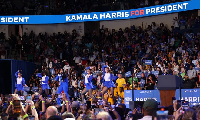 Tuesday, July 30, 2024; Atlanta, Ga; Grammy winner Megan Thee Stallion performs during a presidential campaign rally for Vice President Kamala Harris on Tuesday, July 30, 2024 at the Georgia State Convocation Center in Atlanta, Ga.